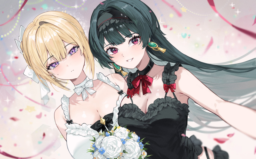 2girls alternate_costume astra_yao bare_shoulders black_dress black_hair black_hairband blonde_hair blush bouquet bow breasts cleavage closed_mouth commentary confetti dress earrings evelyn_chevalier flower gurami_(zangizarang) hair_bow hairband highres jewelry large_breasts long_hair looking_at_viewer mole mole_under_eye multiple_girls pink_eyes purple_eyes rose short_hair smile sweatdrop very_long_hair wedding white_bow white_dress white_flower white_rose yuri zenless_zone_zero