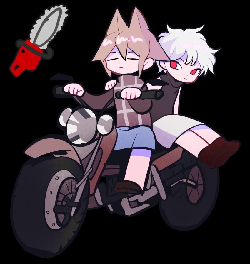 .flow 2girls animal_ears behind_another black_background black_shirt brown_hair brown_shirt brown_vest chainsaw closed_eyes closed_mouth commentary facing_ahead full_body grey_skirt hand_on_another&#039;s_shoulder highres long_sleeves looking_at_another motor_vehicle motorcycle multiple_girls no_pupils plaid_clothes plaid_vest red_eyes riding sabitsuki shirt shoes short_hair simple_background skirt sleeveless sleeveless_turtleneck tsurime turtleneck urotsuki vest white_hair white_skirt wolf_ears xgshjsgha yume_2kki