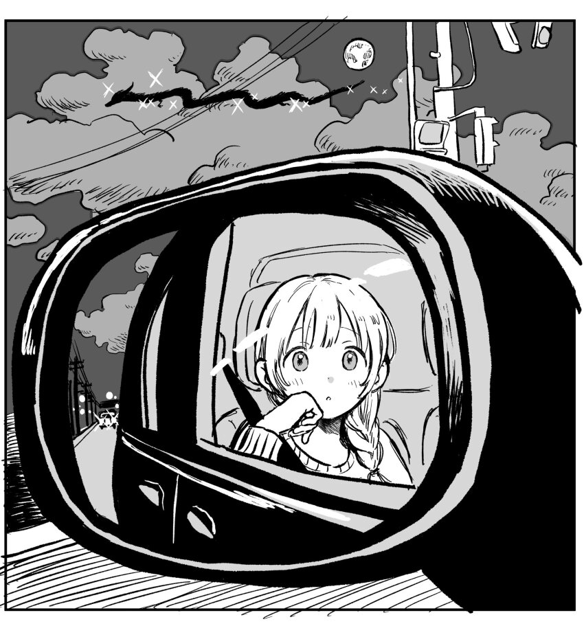 1girl border braid car cloud dragon eastern_dragon female_pov full_moon hair_over_shoulder highres inushima_(k_z_i_t_) mirror monochrome moon motor_vehicle night original parted_lips pov power_lines reflection seatbelt side-view_mirror single_braid solo tareme traffic_light