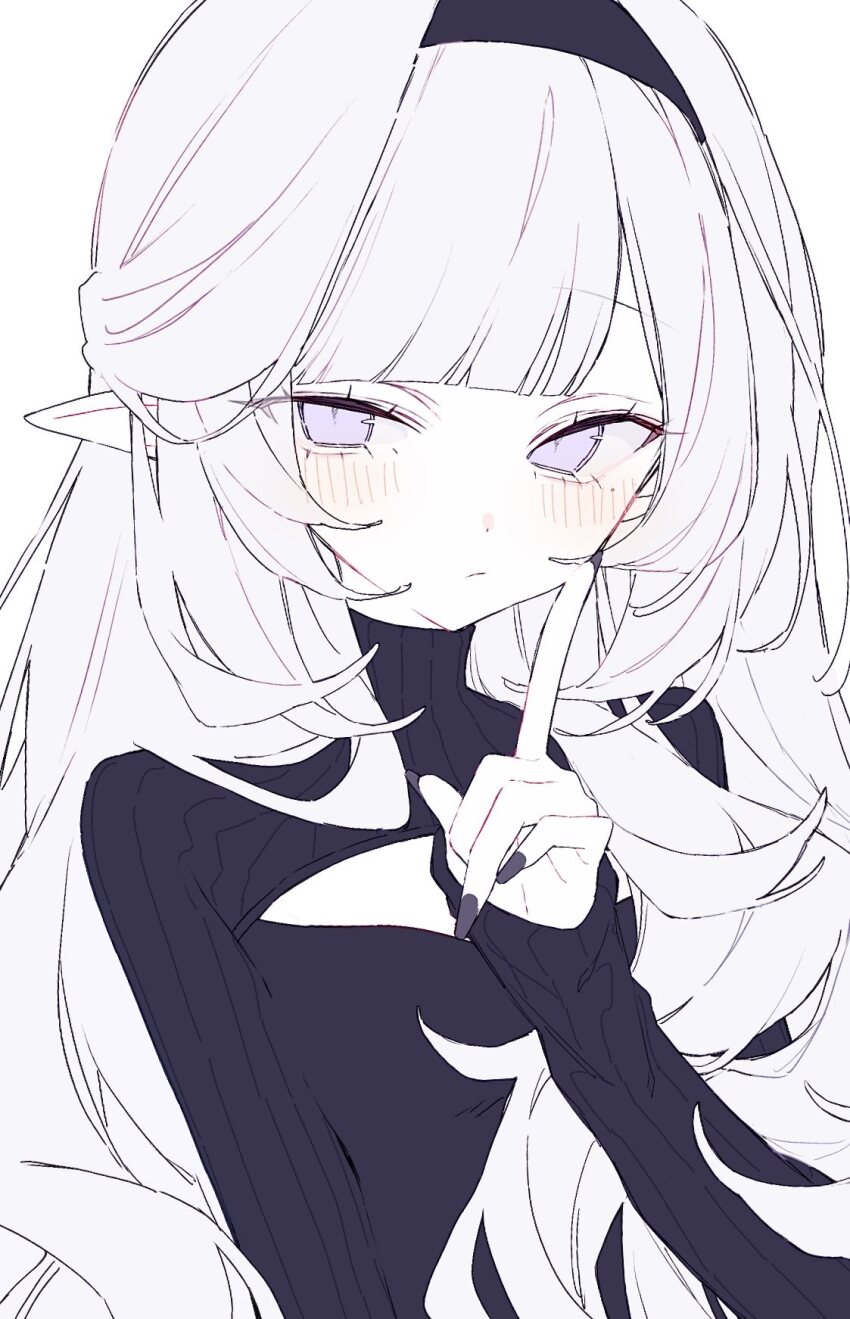 1girl black_hairband black_nails black_shirt black_shrug blue_archive closed_mouth commentary elf fingernails hairband highres himari_(blue_archive) hk_nnm index_finger_raised long_hair long_sleeves looking_at_viewer mole mole_under_eye nail_polish pointy_ears purple_eyes shirt shrug_(clothing) solo sweater symbol-only_commentary turtleneck white_hair