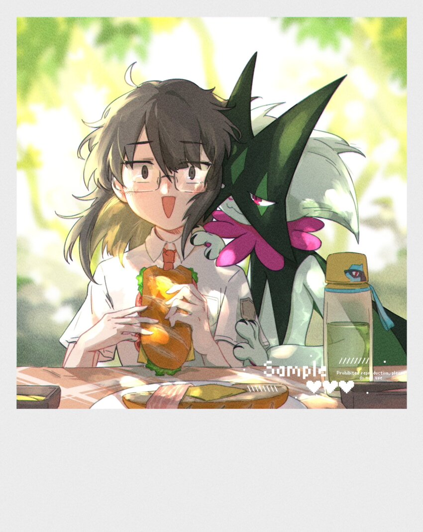 1girl 1other :3 :d animal_hands animal_nose body_fur brown_eyes brown_hair cape collared_shirt commission food furry glasses green_fur highres holding holding_food looking_at_another looking_at_viewer mask meowscarada necktie nintendo open_mouth orange_necktie pink_eyes pokemon pokemon_(creature) pokemon_sv robinlovesop sandwich shirt simple_background smile two-tone_fur upper_body white_background white_shirt wide-eyed