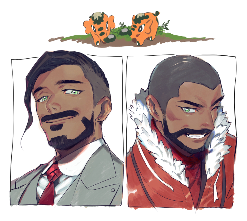 2boys black_hair brothers business_suit clenched_teeth closed_mouth collared_shirt commentary_request cufant expedition_uniform facial_hair formal_clothes fur-trimmed_jacket fur_trim gen_8_pokemon green_eyes grey_jacket grey_vest jacket kmtk male_focus multiple_boys necktie nintendo no_headwear one_eye_closed orange_jacket peony_(pokemon) pokemon pokemon_(creature) pokemon_swsh red_neckwear rose_(pokemon) shirt short_hair siblings suit teeth undercut very_short_hair vest white_shirt