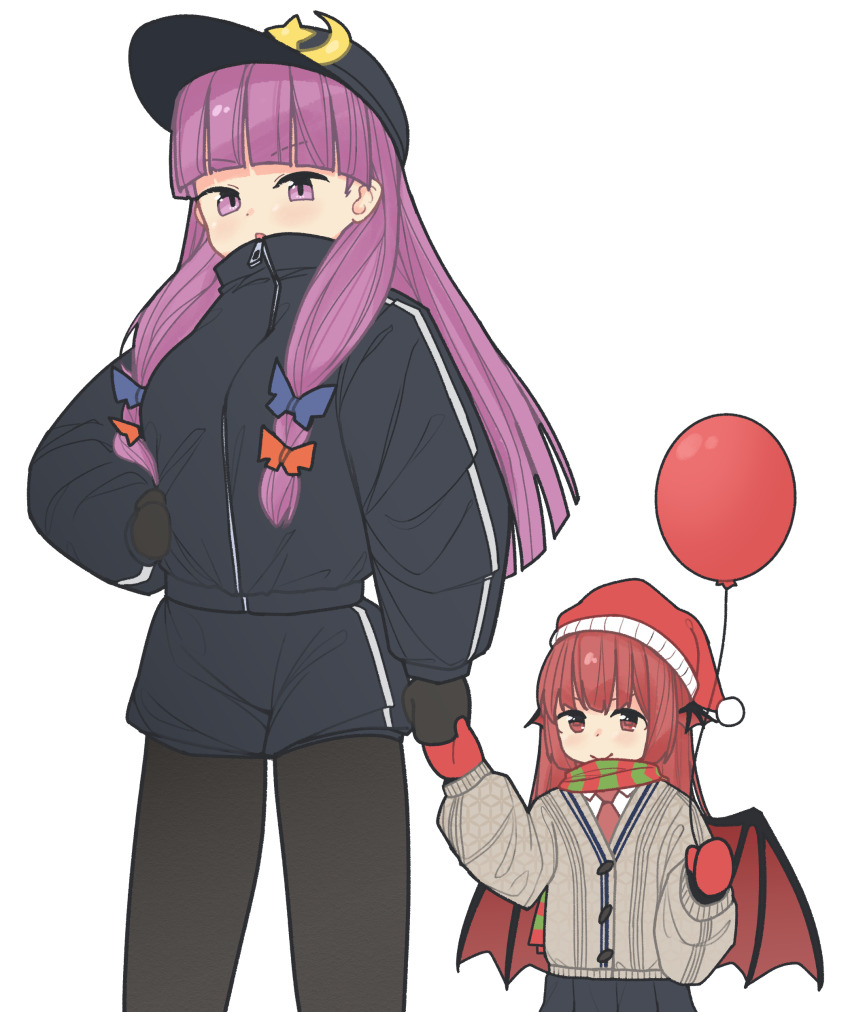 &gt;:) :o absurdres aged_down alternate_costume alternate_headwear balloon baseball_cap bat_wings black_jacket black_mittens black_pantyhose black_shorts black_skirt blue_bow blunt_bangs blush bow child collared_shirt commentary_request cowboy_shot crescent crescent_hat_ornament dot_nose hair_between_eyes hair_bow hair_ribbon hand_on_own_hip hat hat_ornament head_wings highres hime_cut holding_hands jacket koakuma long_hair long_sleeves looking_at_viewer mittens necktie pantyhose patchouli_knowledge pinstripe_jacket pinstripe_pattern pleated_skirt purple_eyes purple_hair red_bow red_eyes red_hair red_mittens red_necktie ribbon santa_hat scarf shirt shorts sidelocks simple_background skirt star_(symbol) star_hat_ornament striped_clothes striped_scarf tan_sweater touhou transparent_background tress_ribbon unmoving_pattern v-shaped_eyebrows white_shirt wings wrevhy