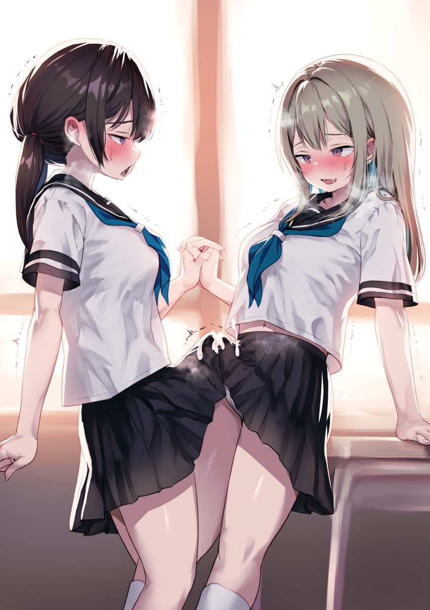 2futa absurdres arm_support ayanakitori black_hair black_skirt blue_neckerchief blush breasts cum cum_on_clothes frottage frottage_through_clothing futa_with_futa futanari grey_hair highres holding_hands interlocked_fingers long_hair medium_breasts medium_hair multiple_futa neckerchief original paid_reward penis penises_touching red_eyes school_uniform serafuku shirt short_sleeves skirt standing sweat textless_version trembling twintails white_shirt