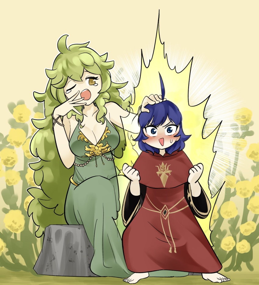 2girls ahoge aura barefoot blue_eyes blue_hair blush duel_monster flower gameplay_mechanics goddess_of_the_two_sides green_hair highres lo_the_prayers_of_the_voiceless_voice messy_hair multiple_girls on_rock red_robe robe sawan_cutman sitting smile yawning yellow_eyes yu-gi-oh!