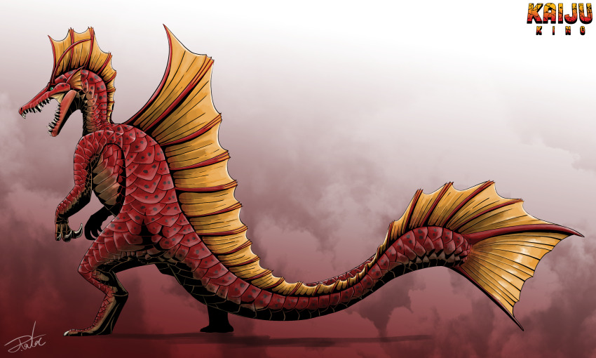 absurdres antennae claws digitigrade dinosaur dorsal_fin english_text fins fish_tail full_body godzilla_(series) gradient_background green_eyes gugenheim98 head_fins highres kaiju looking_at_viewer looking_back monster monster_focus no_humans open_mouth red_scales scales sharp_teeth signature solo spinosaurus standing tail teeth terror_of_mechagodzilla titanosaurus toho