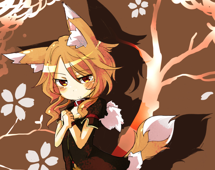 1girl animal_ear_fluff animal_ears black_shirt blush brown_background brown_hair closed_mouth collar commentary_request frills hair_between_eyes hands_on_own_chest mochizuki_usagi ouka_miko red_collar shirt short_hair_with_long_locks short_sleeves solo tail tsurime upper_body utau wolf_ears wolf_girl wolf_tail yellow_eyes