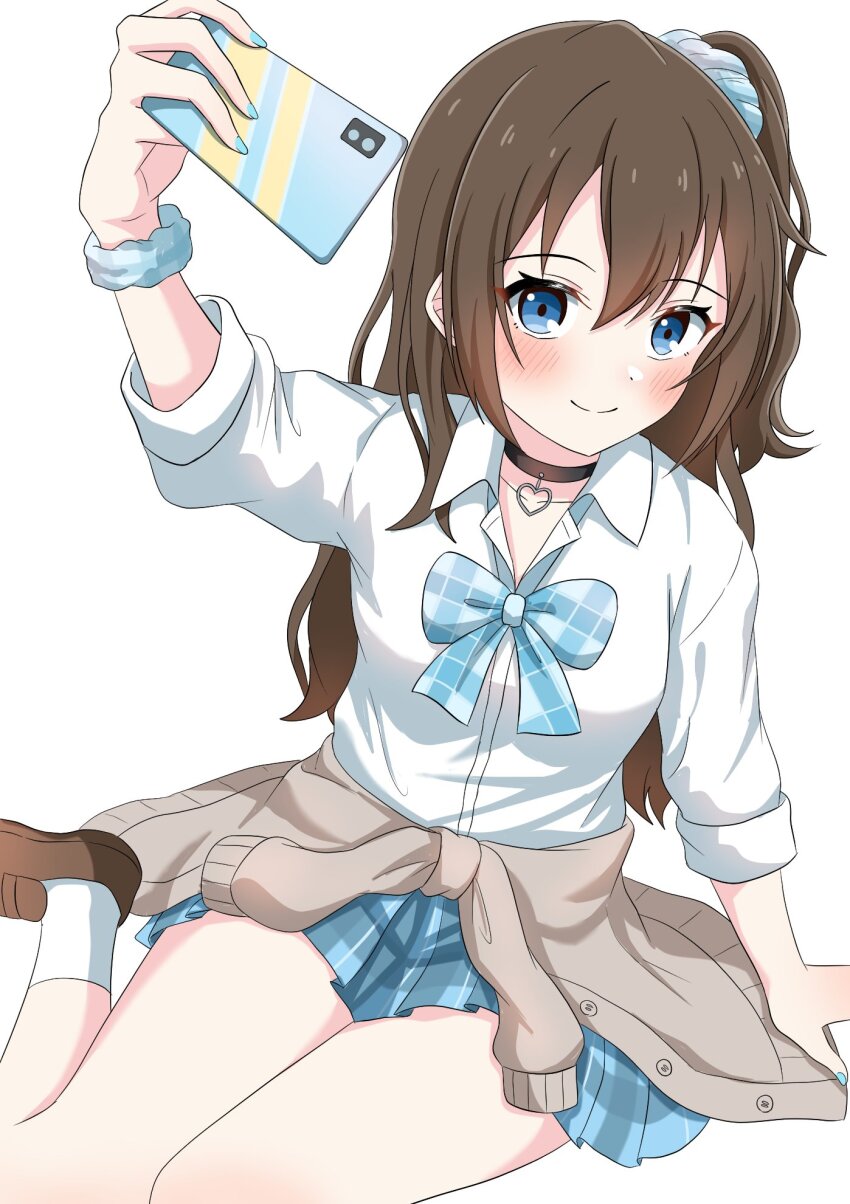 1girl black_choker blue_bow blue_bowtie blue_scrunchie blue_skirt blush bow bowtie breasts brown_shoes cellphone choker closed_mouth collarbone commentary gyaru hair_between_eyes hair_ornament hair_scrunchie heart heart_choker highres holding holding_phone katanashi_(ktnsh_popu) knees_out_of_frame kogal loafers loose_bowtie love_live! love_live!_nijigasaki_high_school_idol_club medium_breasts miniskirt official_alternate_costume one_side_up osaka_shizuku phone plaid_bow plaid_bowtie plaid_clothes plaid_scrunchie plaid_skirt pleated_skirt scrunchie selfie shoes simple_background sitting skirt smartphone smile socks solo three-quarter_sleeves white_background white_socks wrist_scrunchie yokozuwari