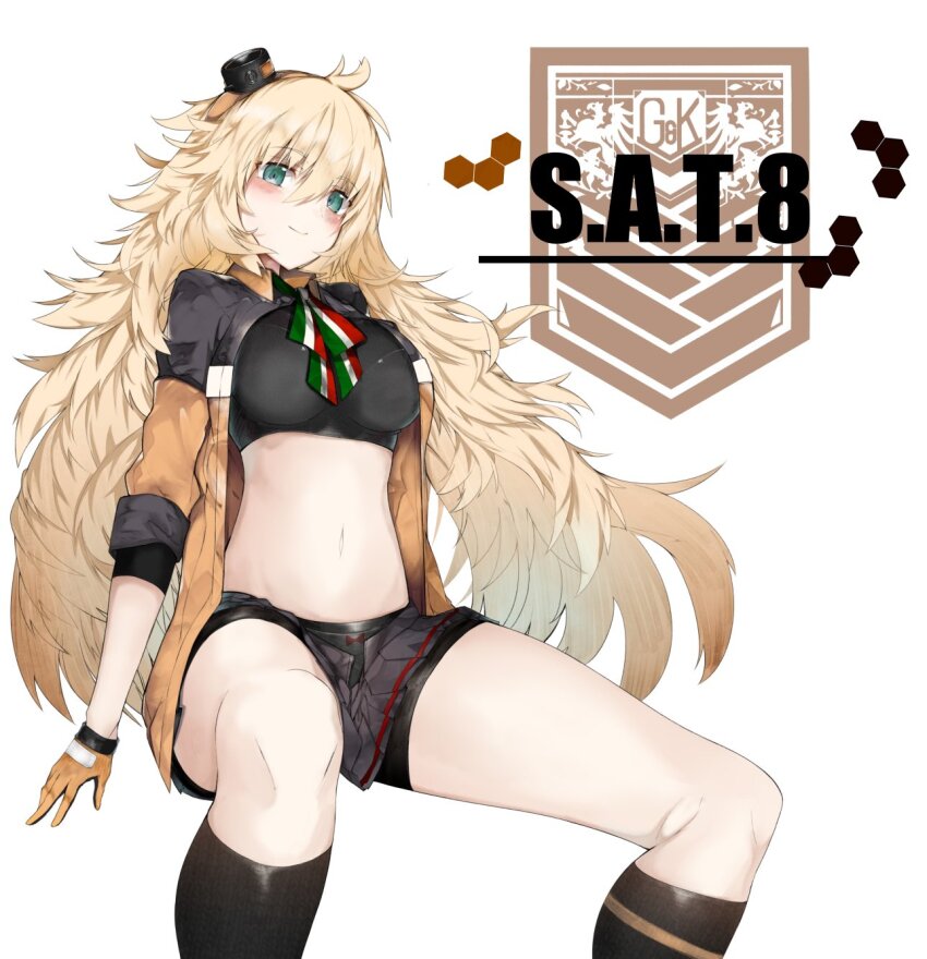 1girl bike_shorts black_skirt black_socks black_sports_bra blonde_hair blush bow bow_panties breasts character_name ekuesu flag_print girls&#039;_frontline gloves green_eyes griffin_&amp;_kryuger_logo hairband highres italian_flag italian_flag_print jacket kneehighs large_breasts long_hair long_sleeves looking_at_viewer messy_hair midriff miniskirt navel open_clothes orange_gloves orange_hairband panties panties_under_bike_shorts pleated_skirt print_ribbon ribbon s.a.t.8_(girls&#039;_frontline) sitting skirt sleeves_rolled_up smile socks solo sports_bra thighs underwear very_long_hair white_background white_panties