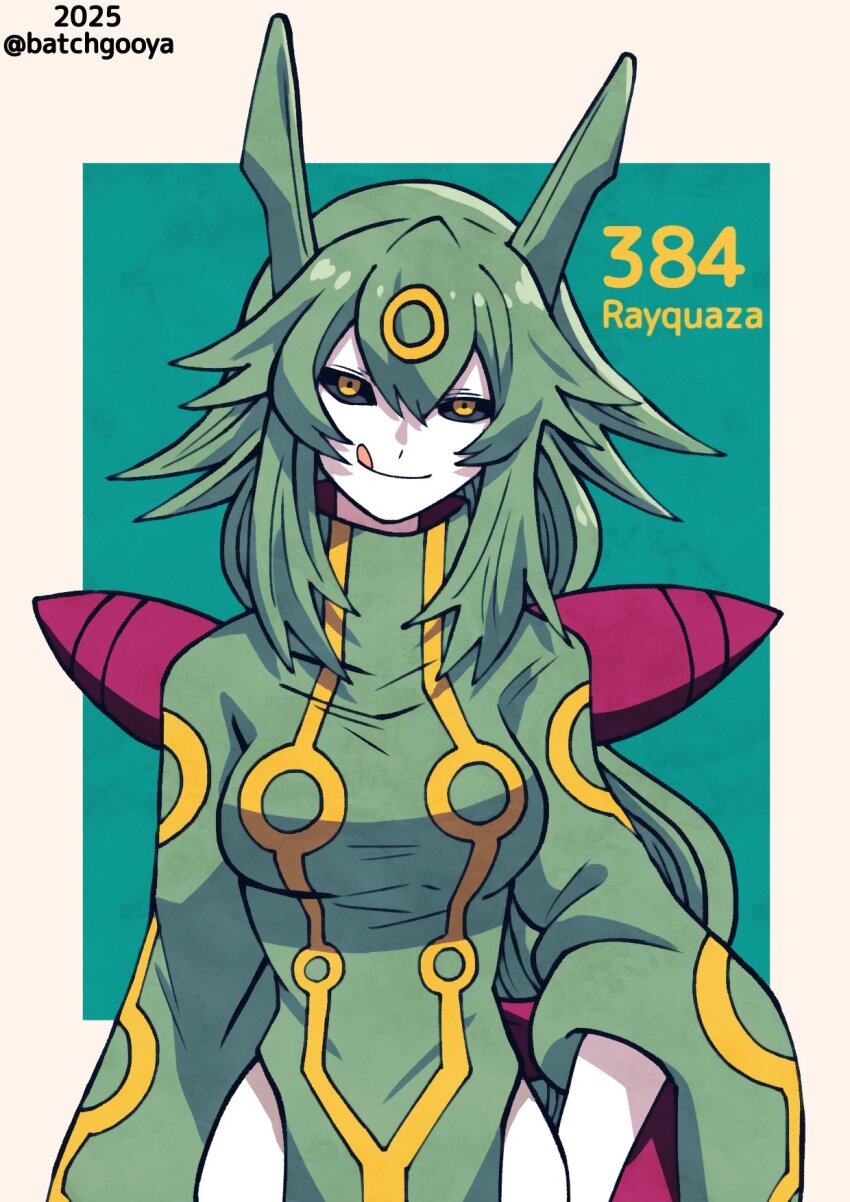 1girl :q artist_name batchgooya black_sclera border breasts character_name closed_mouth coat colored_sclera commentary_request double-parted_bangs gen_3_pokemon green_background green_coat green_hair highres horns large_breasts legendary_pokemon long_hair looking_at_viewer nintendo outside_border personification pokemon rayquaza simple_background smile solo standing tongue tongue_out twitter_username white_border yellow_eyes