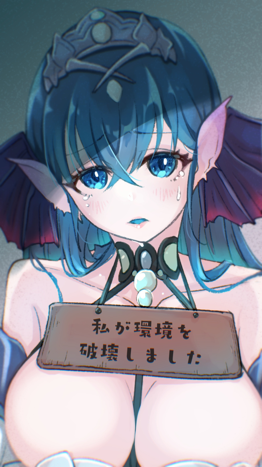 1girl az_(colorb05) between_breasts blue_eyes blue_tongue breasts cleavage close-up colored_tongue commentary crying crying_with_eyes_open duel_monster fins head_fins highres kitkallos_(yu-gi-oh!) large_breasts long_hair looking_at_viewer sign sign_around_neck siren_(mythology) solo strap_between_breasts tearing_up tearlaments_kitkallos tears tiara translated very_long_hair white_hair yu-gi-oh! yu-gi-oh!_master_duel