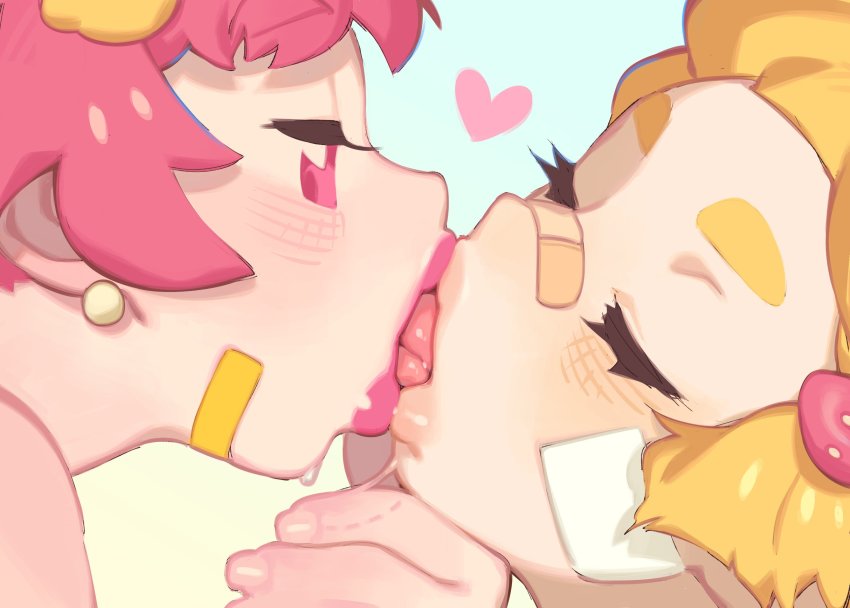 2girls bandages bandaid bandaid_on_face bandaid_on_nose bite_mark blonde_hair blush closed_eyes earrings eyebrows eyelashes fingernails food french_kiss fruit gloss_(hotglossed) grabbing_another&#039;s_chin gradient_background hair_ornament half-closed_eyes hand_on_another&#039;s_chin heart highres jewelry kiss lemon lips looking_at_another multiple_girls original red_eyes red_hair saliva strawberry thick_eyebrows tongue yuri