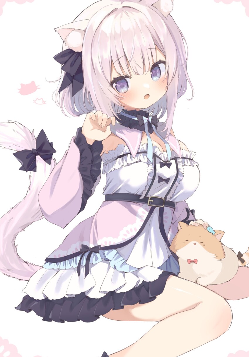1girl absurdres amamiya_tenka animal_ear_fluff animal_ears bare_shoulders black_bow blush bow breasts brown_cat cat cat_ears cat_girl cat_tail center_frills choker cleavage commentary commission detached_sleeves dress fang feet_out_of_frame frilled_choker frilled_dress frilled_sleeves frills hair_bow hair_intakes hand_up headpat highres indie_virtual_youtuber long_sleeves looking_at_viewer medium_breasts medium_hair open_mouth purple_eyes simple_background sitting skeb_commission skin_fang smile solo strapless strapless_dress tail tail_bow tail_ornament tail_raised takepoison virtual_youtuber wariza white_background white_dress white_hair wide_sleeves
