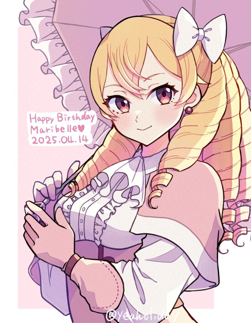 1girl blonde_hair bow brown_eyes capelet drill_hair earrings fire_emblem fire_emblem_awakening gloves gogatsu_(yeaholiday) hair_bow highres holding holding_umbrella jewelry long_hair looking_at_viewer maribelle_(fire_emblem) nintendo pink_capelet pink_gloves solo umbrella white_bow