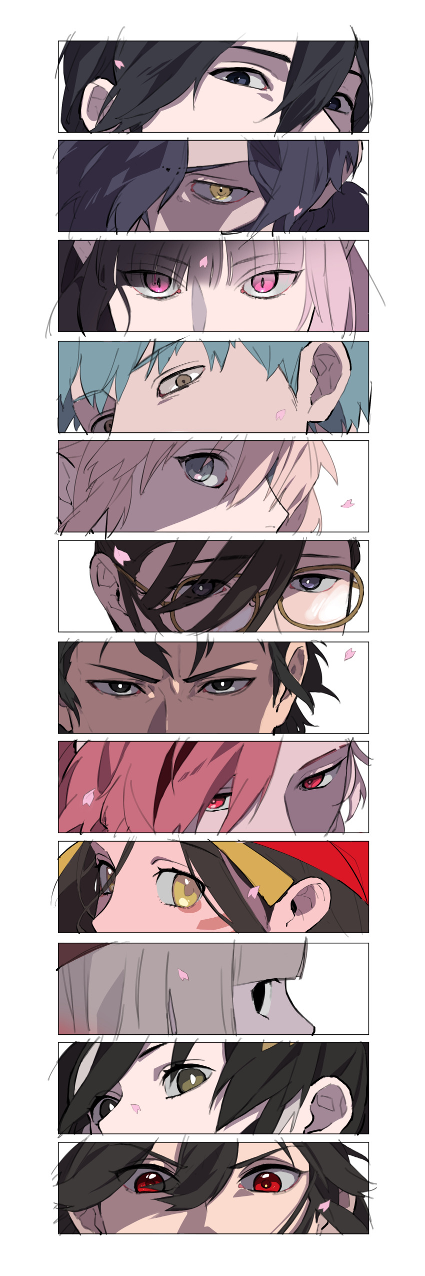 6+boys 6+girls absurdres black_eyes black_hair blue_eyes brown_eyes brown_hair eye_focus facial_mark fate/grand_order fate_(series) glasses grey_eyes grey_hair hair_over_one_eye highres hijikata_toshizou_(fate) himiko_(fate) himiko_(third_ascension)_(fate) kiasa_(k1asa) multiple_boys multiple_girls nagao_kagetora_(fate) oda_nobunaga_(fate) oda_nobunaga_(koha-ace) okada_izou_(fate) okita_souji_(fate) okita_souji_(koha-ace) oryou_(fate) petals pink_eyes pink_hair red_eyes saitou_hajime_(fate) sakamoto_ryouma_(fate) sen_no_rikyu_(fate) takasugi_shinsaku_(fate) uesugi_kenshin_(fate) uesugi_kenshin_(third_ascension)_(fate) yamanami_keisuke_(fate) yellow_eyes