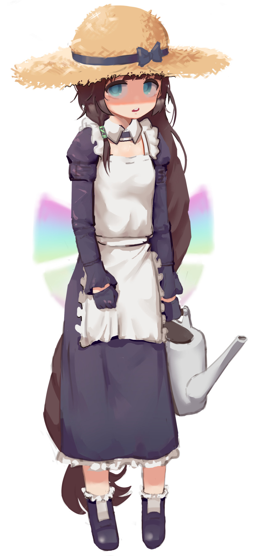 1girl absurdres aged_down apron bad_id bad_pixiv_id blue_eyes brown_hair daphne_(last_origin) dress female_focus flat_chest greentree hat highres last_origin long_hair looking_at_viewer low-tied_long_hair maid open_mouth shaded_face simple_background solo straw_hat watering_can white_background