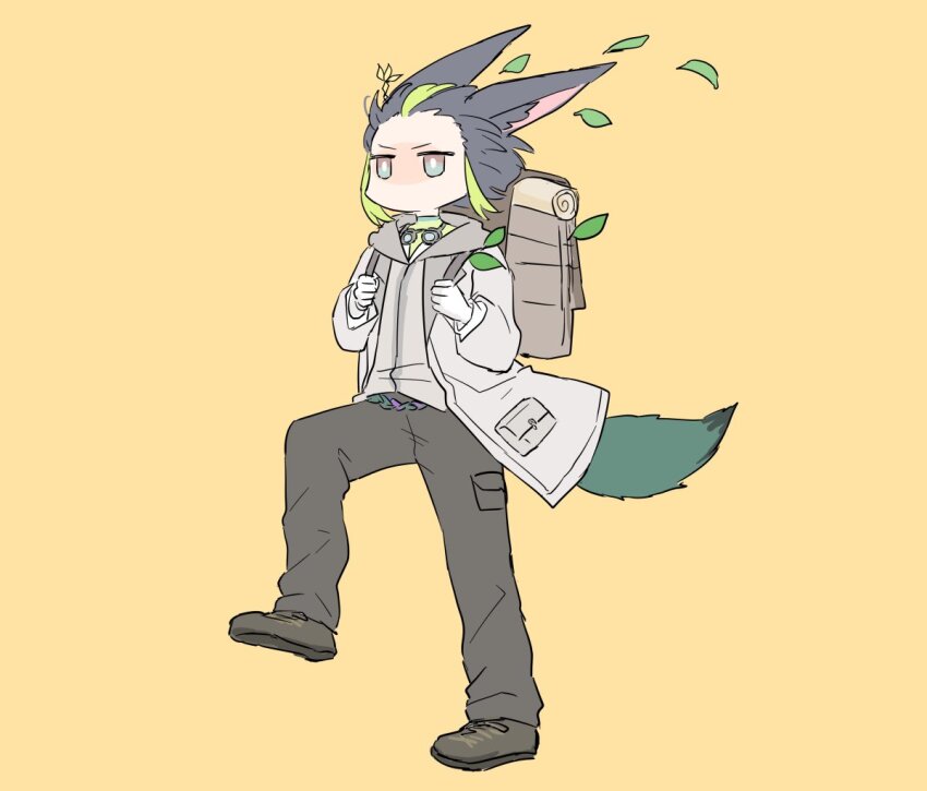 1boy animal_ear_fluff animal_ears backpack bag black_hair black_pants blunt_ends brown_bag brown_eyes brown_shoes coat commentary_request earrings fox_boy fox_ears fox_tail genshin_impact goggles goggles_around_neck green_eyes green_hair green_shirt grey_coat grey_hoodie hands_up himeko_(nico6v6pachi) hood hood_down hoodie jewelry kyoufuu_all_back_(vocaloid) leaf long_sleeves male_focus marching multicolored_eyes multicolored_hair official_alternate_costume open_clothes open_coat pants pocket shirt shoes short_hair simple_background single_earring solo streaked_hair tail tighnari_(genshin_impact) tighnari_(kiehls&#039;)_(genshin_impact) turtleneck v-shaped_eyebrows wind yellow_background