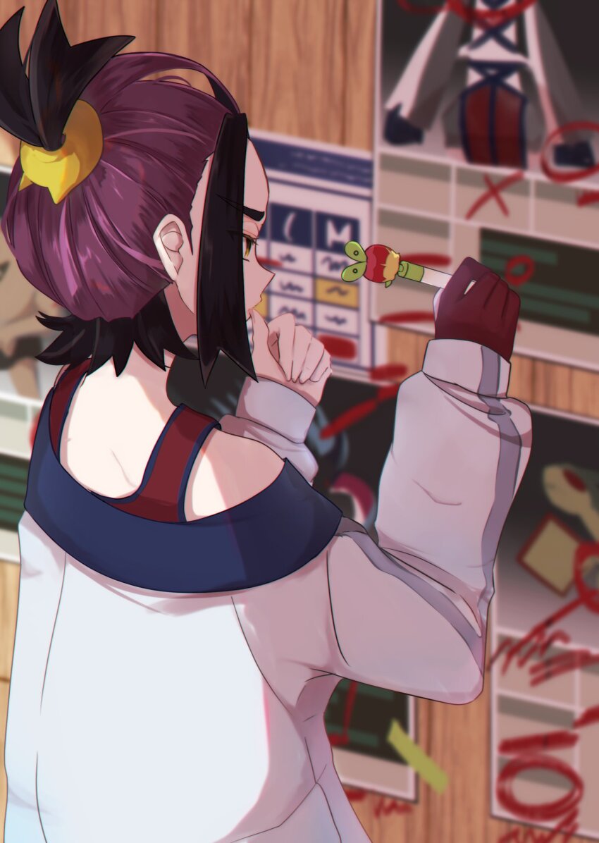 1boy applin black_hair blurry blurry_background chigiri_(_chigiri_) commentary_request gen_8_pokemon gloves hands_up highres indoors jacket kieran_(pokemon) long_sleeves male_focus multicolored_hair nintendo off_shoulder pokemon pokemon_sv poster_(object) purple_hair red_gloves red_shirt shirt single_glove slice_of_life solo themed_object thumb_sucking two-tone_hair white_jacket