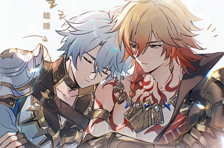 2boys armlet armor armored_gloves belt_collar black_choker black_coat black_gloves blonde_hair blue_hair chest_tattoo choker closed_eyes closed_mouth coat collar collared_coat crossed_arms earrings facial_tattoo fingerless_gloves gloves gold_armlet gold_earrings gold_necklace gradient_hair head_on_another&#039;s_shoulder honkai:_star_rail honkai_(series) jewelry leaning_on_person looking_at_another male_focus multicolored_hair multiple_boys mydei_(honkai:_star_rail) necklace open_clothes open_coat orange_eyes osamu18568716 pauldrons phainon_(honkai:_star_rail) red_hair red_tattoo shirt shoulder_armor simple_background single_pauldron sleeping sleeping_upright tattoo white_background white_shirt yaoi