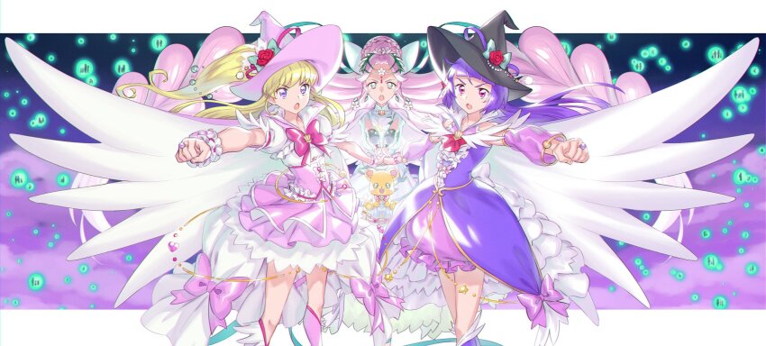 3girls asahina_mirai blonde_hair bow clenched_hand cloud cure_felice cure_magical cure_miracle dress flower hanami_kotoha hat hat_bow hat_flower highres holding_hands izayoi_liko jewelry long_hair magical_girl mahou_girls_precure! mofurun_(mahou_girls_precure!) multiple_girls murakami_hisashi open_mouth pink_eyes pink_hair precure purple_eyes purple_hair ring skirt sky stuffed_animal stuffed_toy teddy_bear witch