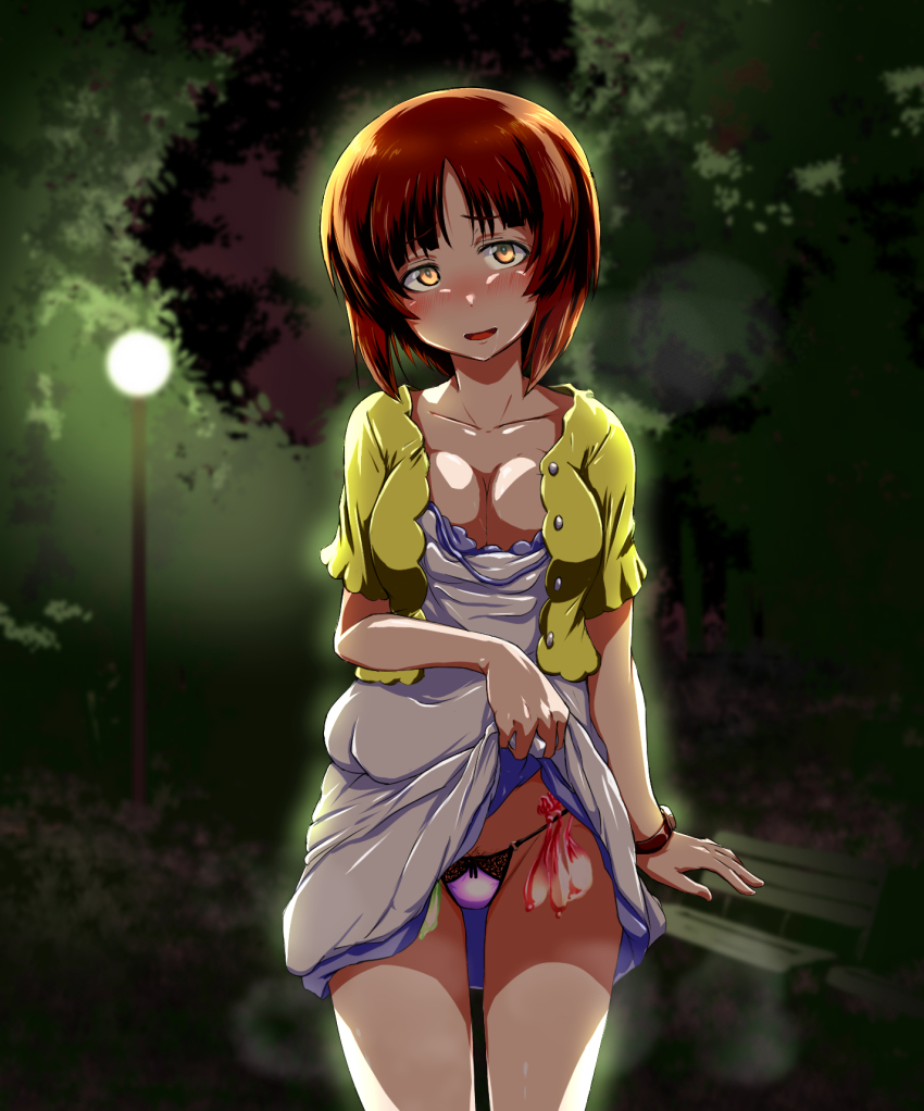 1girl after_vaginal aftersex arm_behind_back backlighting blush breasts brown_eyes brown_hair cleavage clothes_lift collarbone commentary_request condom dress dress_lift girls_und_panzer glowing glowing_eyes halter_dress halterneck highres implied_sex jacket kabutowari lace lace-trimmed_panties lace_trim looking_at_viewer nishizumi_miho open_mouth panties pink_panties shirt short_dress short_hair short_sleeves solo spaghetti_strap strap_slip string_panties sundress sweat textless_version underwear used_condom used_condom_in_clothes watch white_dress wristwatch yellow_jacket yellow_shirt