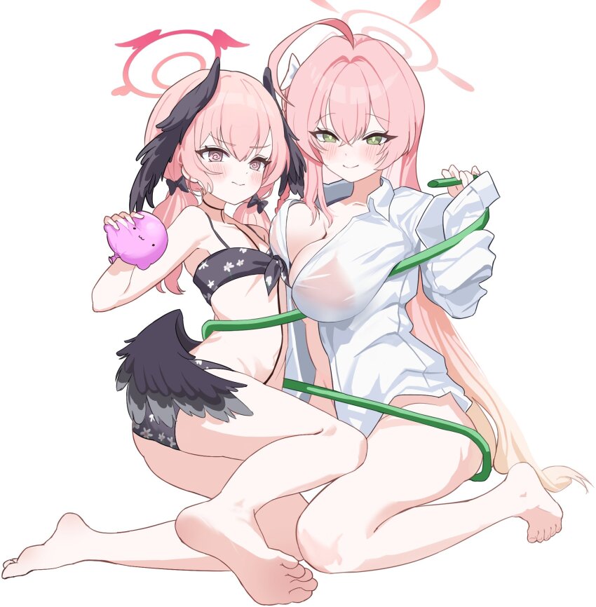 2girls @_@ ahoge balloon barefoot bikini bikini_top_only black_bikini black_bow black_wings blue_archive blush body_markings bow breasts closed_mouth dress_shirt feathered_wings flat_chest floral_print_bikini full_body ginichu1003 gradient_hair green_eyes groin hair_between_eyes hair_bow halo hanako_(blue_archive) hanako_(swimsuit)_(blue_archive) head_wings highres holding holding_balloon holding_hose hose huge_ahoge koharu_(blue_archive) koharu_(swimsuit)_(blue_archive) large_breasts long_hair looking_at_viewer low_twintails low_wings medium_hair multicolored_hair multiple_girls orange_hair pink_bikini pink_eyes pink_hair pink_halo see-through_clothes see-through_shirt shirt simple_background sitting smile straight_hair string_bikini swimsuit twintails water_balloon wet wet_clothes wet_shirt white_background white_shirt winged_halo wings