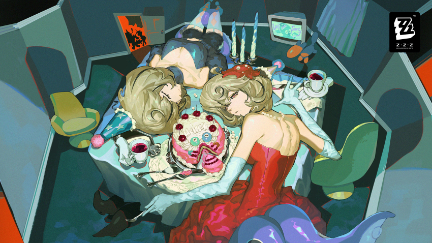 2girls absurdres accessories alternate_costume back blonde_hair blue_dress breasts cake candelabra candle candlestand chair cleavage closed_eyes closed_mouth copyright_logo copyright_name cup door dress dual_persona food fork half-closed_eyes hat highres jewelry large_breasts logo looking_at_viewer lying monster_girl multiple_girls necklace official_art on_back on_table parted_lips party_hat pearl_necklace plate purple_eyes red_dress screen scylla shadow short_hair spoon strapless strapless_dress suction_cups table tentacle_girl tentacle_tail tentacles white_sleeves yidhari_murphy zenless_zone_zero