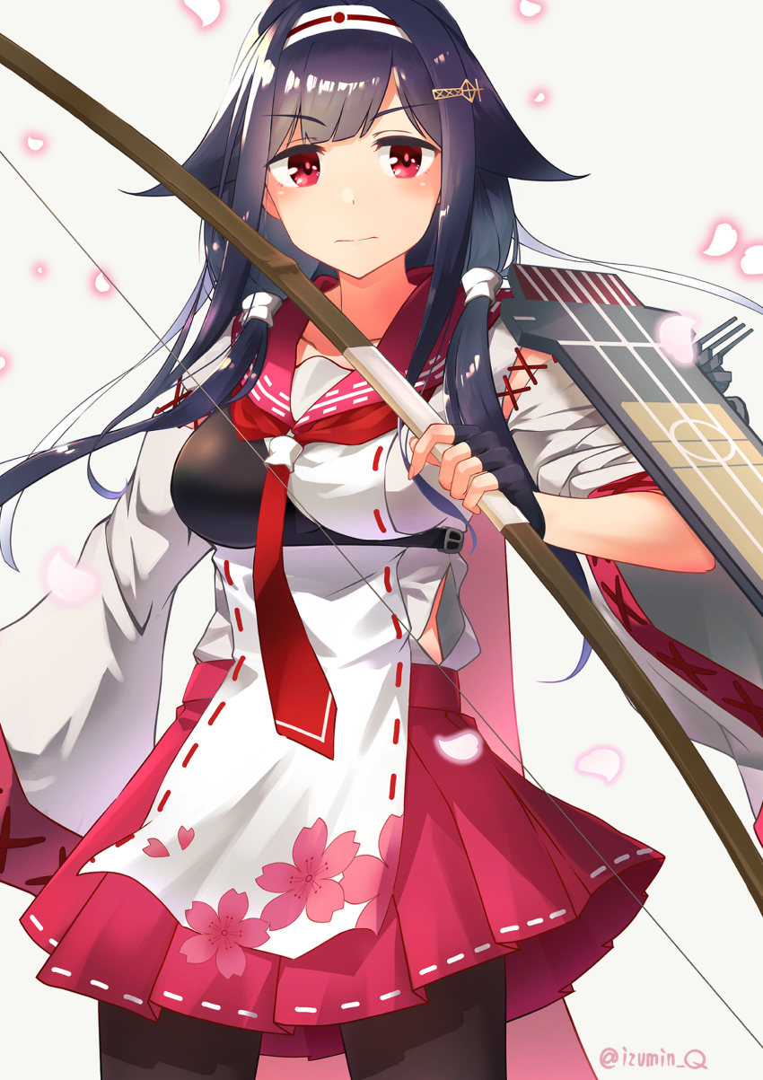1girl absurdres black_gloves black_hair black_pantyhose blush bow_(weapon) breasts cherry_blossoms closed_mouth fingerless_gloves flight_deck floral_print gloves grey_background hair_flaps highres holding holding_weapon izumikuma japanese_clothes kantai_collection long_hair looking_at_viewer medium_breasts muneate neckerchief pantyhose petals purple_hair red_eyes red_neckerchief ryuuhou_(kancolle) ryuuhou_kai_ni_(kancolle) sailor_collar simple_background solo taigei_(kancolle) weapon wide_sleeves
