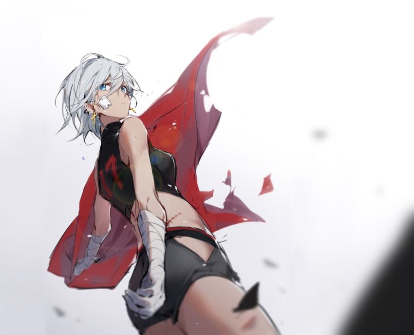 1girl bandaged_arm bandages bandaid blue_eyes closed_mouth cross cross_earrings dark-skinned_female dark_skin earrings eyes_visible_through_hair gradient_background grey_hair hair_between_eyes highres holding jewelry oyo_hitsuji scar short_hair slit_pupils solo stitches torn torn_clothes turtleneck vocaloid vsinger_(vocaloid) yanhe