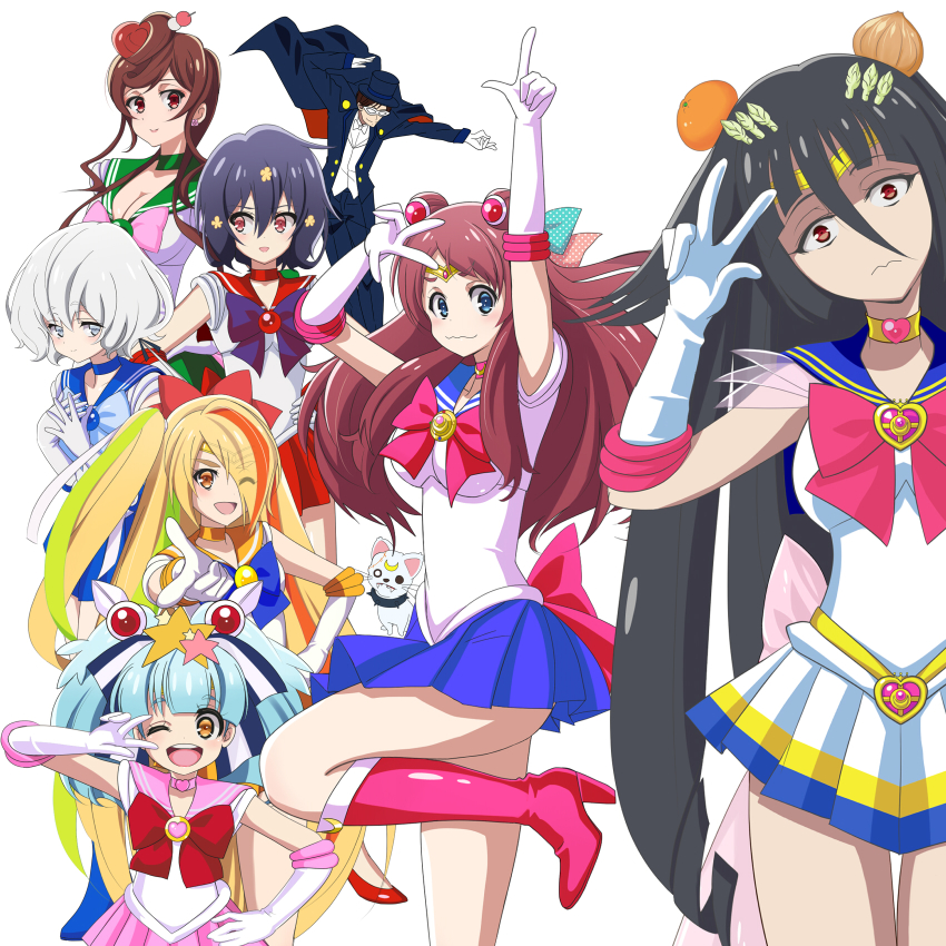 10s 1boy 6+girls artemis_(sailor_moon) artemis_(sailor_moon)_(cosplay) bishoujo_senshi_sailor_moon bishoujo_senshi_sailor_moon_(first_season) bishoujo_senshi_sailor_moon_s black_hair blonde_hair blue_hair blue_sailor_collar blue_skirt brooch brown_hair color_connection commentary_request cosplay cowboy_shot crescent crescent_facial_mark dog eyes_visible_through_hair facial_mark food fruit gloves green_sailor_collar green_skirt hair_color_connection hair_over_one_eye head_tilt heart heart_brooch highres hoshikawa_lily jewelry konno_junko leotard long_hair minamoto_sakura mitsuishi_kotono mizuno_ai multicolored_skirt multiple_girls nikaidou_saki object_on_head onion orange_(fruit) orange_sailor_collar orange_skirt pink_sailor_collar pink_skirt pirochi pleated_skirt pointing pointing_up red_footwear red_sailor_collar red_skirt romero_(zombie_land_saga) sailor_chibi_moon sailor_chibi_moon_(cosplay) sailor_collar sailor_jupiter sailor_jupiter_(cosplay) sailor_mars sailor_mars_(cosplay) sailor_mercury sailor_mercury_(cosplay) sailor_moon sailor_moon_(cosplay) sailor_senshi_uniform sailor_venus sailor_venus_(cosplay) short_hair silver_hair simple_background skirt super_sailor_moon super_sailor_moon_(cosplay) tatsumi_koutarou tuxedo_kamen tuxedo_kamen_(cosplay) v v_over_eye voice_actor_connection white_background white_gloves white_leotard yamada_tae yuugiri_(zombie_land_saga) zombie zombie_land_saga