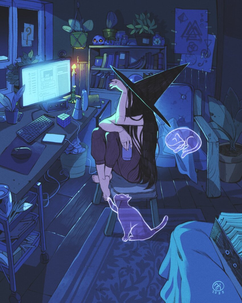 1girl arm_on_knee artist_logo barefoot bed bedroom black_hair black_hat blue_theme book bookshelf can candle cat cellphone computer_keyboard computer_mouse covering_face crystal_ball dated desk drink_can electric_fan footstool full_body ghost glowing glowing_eyes hair_over_breasts hanging_plant hat highres holding holding_can jar jewelry knees_up logo long_hair monitor night on_stool original pajamas phone plant potted_plant ring rubik&#039;s_cube rug runes simz skull slice_of_life smartphone soda_can solo straight_hair striped_clothes striped_pajamas trash_can window witch_hat wooden_floor