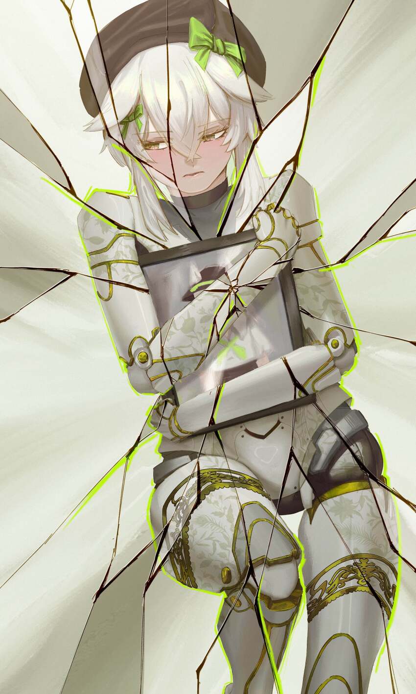 1girl absurdres beret bow broken_mirror commentary crossed_bangs doll_joints dushevnaya_(girls&#039;_frontline_2) dushevnaya_(neural_cloud) english_commentary filigree girls&#039;_frontline girls&#039;_frontline_2:_exilium girls&#039;_frontline_neural_cloud green_bow hair_between_eyes hair_bow hat highres holding holding_picture_frame invertedqueen joints ksvk_(girls&#039;_frontline) mechabare mirror painting_(object) picture_frame robot_girl robot_joints solo white_hair yellow_eyes