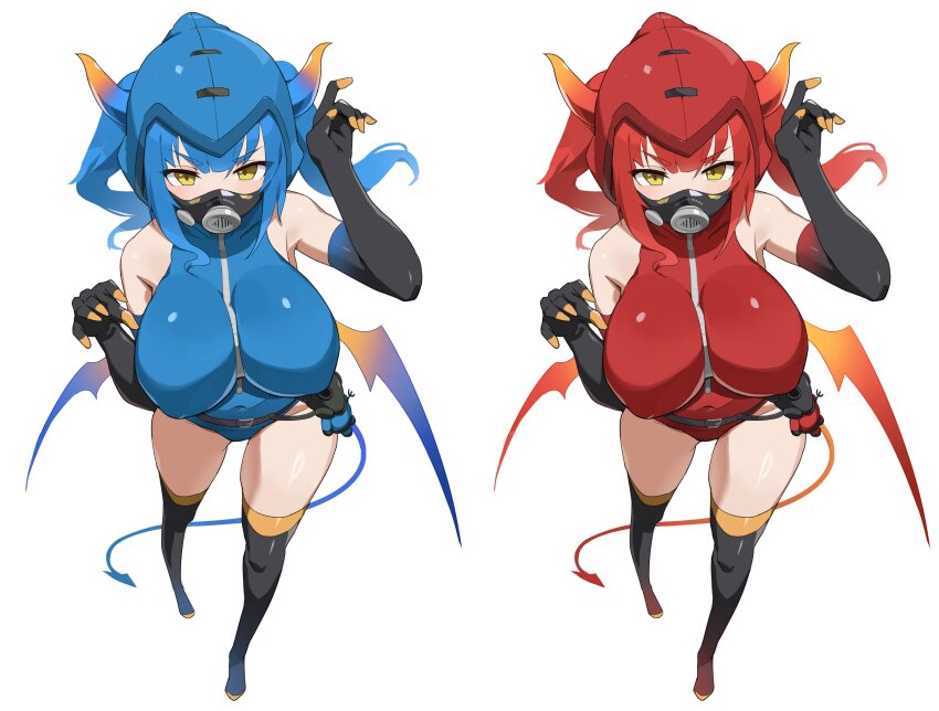 2girls absurdres black_gloves blu_pyro_(tf2) blue_hair blue_leotard boots breasts commentary commission covered_navel demon_horns demon_tail demon_wings elbow_gloves english_commentary fake_horns fake_tail fake_wings full_body genderswap genderswap_(otf) gloves halloween_costume highres hood hood_up horns large_breasts latex latex_leotard leotard long_hair looking_at_viewer low_wings mask multiple_girls pyro_(tf2) red_hair red_leotard red_pyro_(tf2) respirator simple_background t-lex tail team_fortress_2 thigh_boots twintails white_background wings yellow_eyes zipper