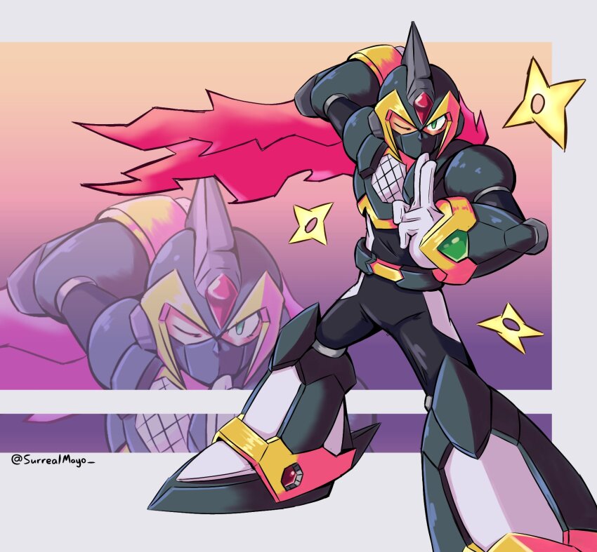 1boy arm_behind_head armor black_armor black_bodysuit black_helmet bodysuit forehead_jewel full_body helmet highres kuji-in mask mega_man_(series) mega_man_x_(series) mouth_mask ninja one_eye_closed red_scarf scarf shadow_armor_x_(mega_man) shuriken solo surrealmason twitter_username weapon x_(mega_man) zoom_layer