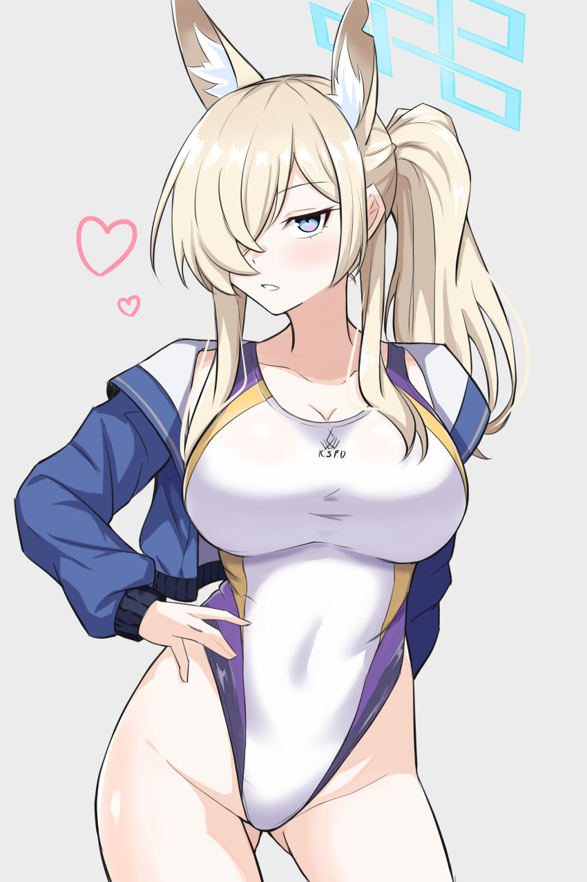 1girl absurdres animal_ear_fluff animal_ears blonde_hair blue_archive blue_eyes blue_halo blue_jacket breasts competition_swimsuit covered_navel dog_ears dog_girl extra_ears grey_background hair_over_one_eye halo hand_on_own_hip highleg highleg_one-piece_swimsuit highres jacket jacket_partially_removed kanna_(blue_archive) kanna_(swimsuit)_(blue_archive) large_breasts long_hair looking_at_viewer minaduki0707 notched_ear official_alternate_costume one-piece_swimsuit ponytail simple_background solo swimsuit white_one-piece_swimsuit