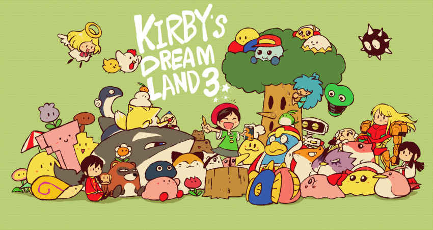 2018 4girls acro_(kirby) adeleine ado angel baseball_cap beret bird black_hair blonde_hair blush_stickers bow chao_(yuyuki) chef_kawasaki chicken chinese_clothes chuchu_(kirby) con_(kirby) coo_(kirby) eel everyone closed_eyes facial_hair famicom_mukashibanashi:_yu016byu016bki famicom_mukashibanashi:_yūyūki family_computer_robot flower gooey_(kirby) gordo green_background halo hat unworn_headwear helmet unworn_helmet highres hikari_(shin_onigashima) japanese_clothes kimono kine_(kirby) king_dedede kirby kirby&#039;s_dream_land_3 kirby_(series) metroid monkey multiple_girls mustache nago_(kirby) nintendo notepad open_mouth parasol pencil pitch_(kirby) pon_(kirby) professor_hector raccoon rariatto_(ganguri) rick_(kirby) samus_aran shin_onigashima short_hair sitting sitting_on_person skirt smile snail star_(symbol) tree umbrella varia_suit whispy_woods white_hair