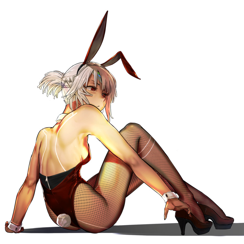 1girl adjusting_footwear altera_(fate) animal_ears ass back black_nails breasts dark-skinned_female dark_skin fake_animal_ears fate/grand_order fate_(series) female_focus fishnet_pantyhose fishnets full-body_tattoo high_heels highres i-pan leotard nail_polish pantyhose playboy_bunny ponytail rabbit_ears rabbit_tail red_eyes short_hair sitting small_breasts solo tail tattoo white_hair wrist_cuffs