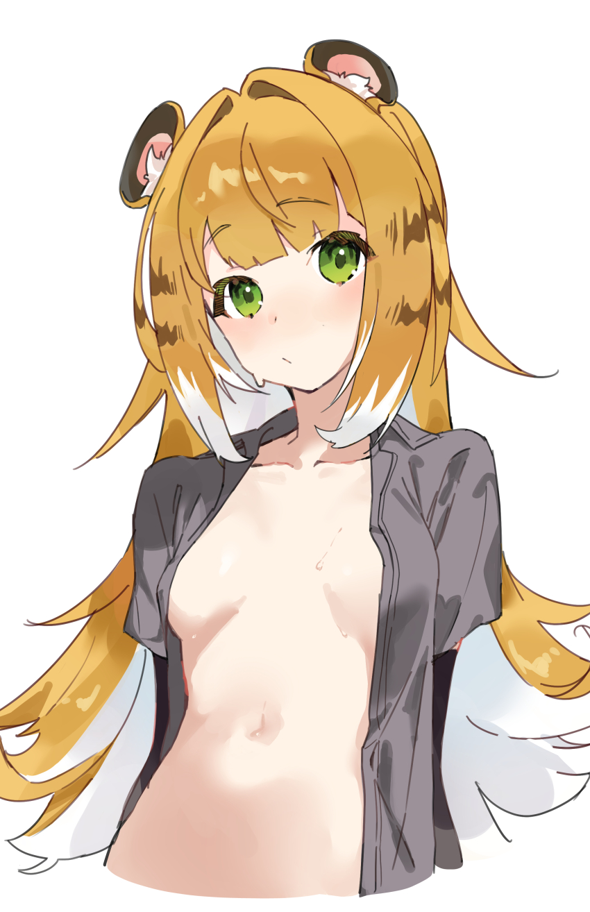 1girl absurdres animal_ears black_jacket blonde_hair blush breasts closed_mouth comorebi green_eyes highres jacket ju_fufu loli looking_at_viewer multicolored_hair open_clothes open_shirt small_breasts solo tiger_ears tiger_girl two-tone_hair white_hair zenless_zone_zero