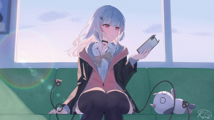 1girl asumi_sena asumi_sena_(4th_costume) black_jacket black_thighhighs blazer bow bowtie braid cattleya_regina_games couch dress_shirt earrings grey_bow grey_bowtie grey_skirt heart heart_tail highres holding holding_phone jacket jewelry long_hair loose_bowtie multicolored_hair pendant_choker phone pink_eyes pink_jacket pleated_skirt remo_nade1 shirt sitting skirt solo streaked_hair tail thighhighs virtual_youtuber vspo! white_hair white_shirt window