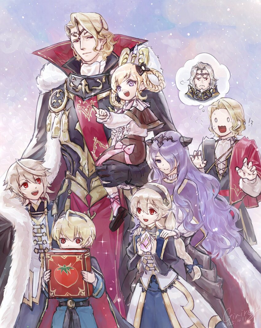 3girls 4boys aged_down black_hair black_horns blonde_hair book bow braid brother_and_sister brothers camilla_(fire_emblem) camilla_(young_beauty)_(fire_emblem) carrying child child_carry closed_mouth commentary_request corrin_(female)_(fire_emblem) corrin_(female)_(young_kinship)_(fire_emblem) corrin_(fire_emblem) corrin_(male)_(fire_emblem) corrin_(male)_(young_kinship)_(fire_emblem) dual_persona elise_(fire_emblem) elise_(sparkling_smile)_(fire_emblem) fake_horns fire_emblem fire_emblem_fates hair_over_one_eye hair_rings half-siblings highres holding holding_book horns imagining leo_(fire_emblem_fates) leo_(young_sprout)_(fire_emblem_fates) long_hair multiple_boys multiple_girls nintendo open_mouth pink_bow pointing purple_eyes purple_hair red_eyes short_hair siblings sisters smile spoken_character teeth time_paradox twin_braids ultrablueanya upper_teeth_only white_hair xander_(fire_emblem) xander_(focused_firstborn)_(fire_emblem)