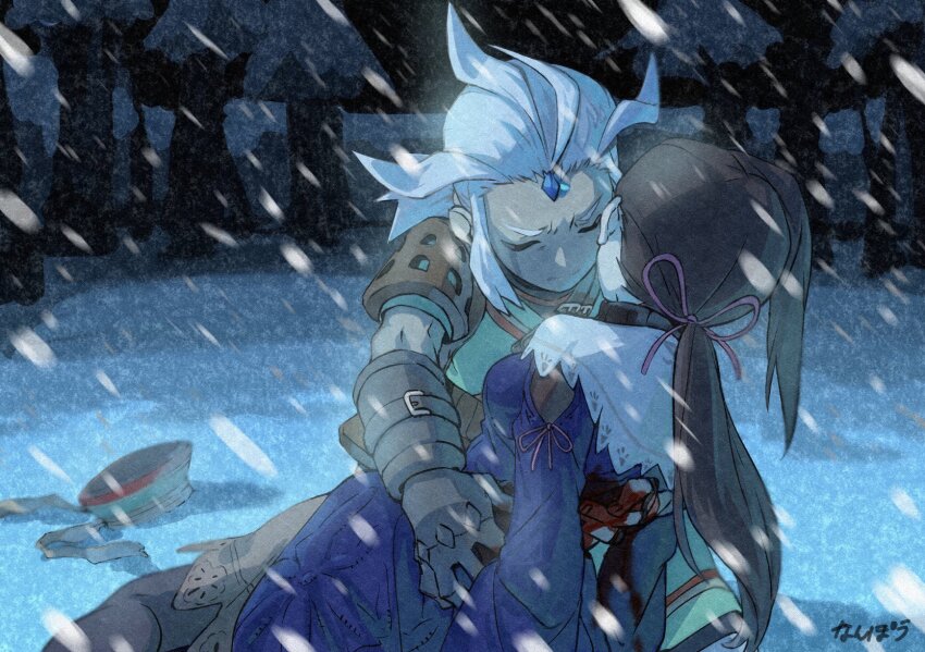 1boy 1girl bleeding blizzard blood brown_hair claire_(dewprism) closed_eyes dewprism dress gloves highres injury long_hair nanpou_(nanpou0021) night outdoors ponytail rue_(dewprism) snow tree white_hair
