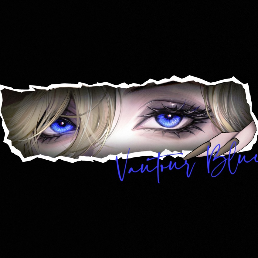 1girl black_background blonde_hair blue_eyes character_signature chinese_commentary commentary eye_focus eyeshadow fingernails gold_nails hair_between_eyes highres looking_at_viewer makeup nail_polish path_to_nowhere red-eye_effect sharp_fingernails simple_background solo vautour_bleu_(path_to_nowhere) yu_zhezhe