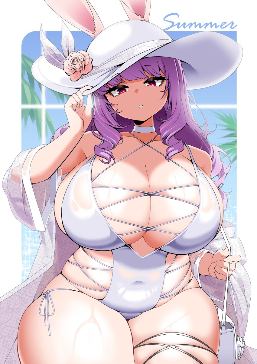 1girl absurdres adjusting_clothes adjusting_headwear animal_ears bag beach breasts choker cleavage commission covered_navel cross-laced_clothes cross-laced_one-piece_swimsuit drill_hair drill_sidelocks flower hand_on_own_hat handbag hat hat_flower highres huge_breasts long_hair one-piece_swimsuit open_clothes open_shirt original outdoors palm_tree pink_eyes plump purple_hair rabbit_ears rabbit_girl rose saltnvalk see-through_clothes sideless_one-piece_swimsuit sidelocks sitting skindentation sky solo sun_hat sweat swimsuit thick_thighs thigh_strap thighs tree vgen_commission white_choker white_hat white_one-piece_swimsuit wide_hips