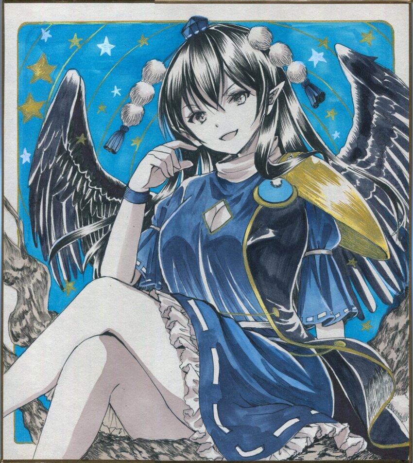 1girl armor black_coat black_hair blue_dress blue_hat breasts cleavage cleavage_cutout clothing_cutout coat commentary_request crossed_legs dress hair_between_eyes hajike_akira hat highres iizunamaru_megumu long_hair open_mouth pauldrons pointy_ears pom_pom_(clothes) shikishi shoulder_armor shoulder_guard single_pauldron sleeveless sleeveless_coat smile solo star_(symbol) surcoat tokin_hat touhou traditional_media