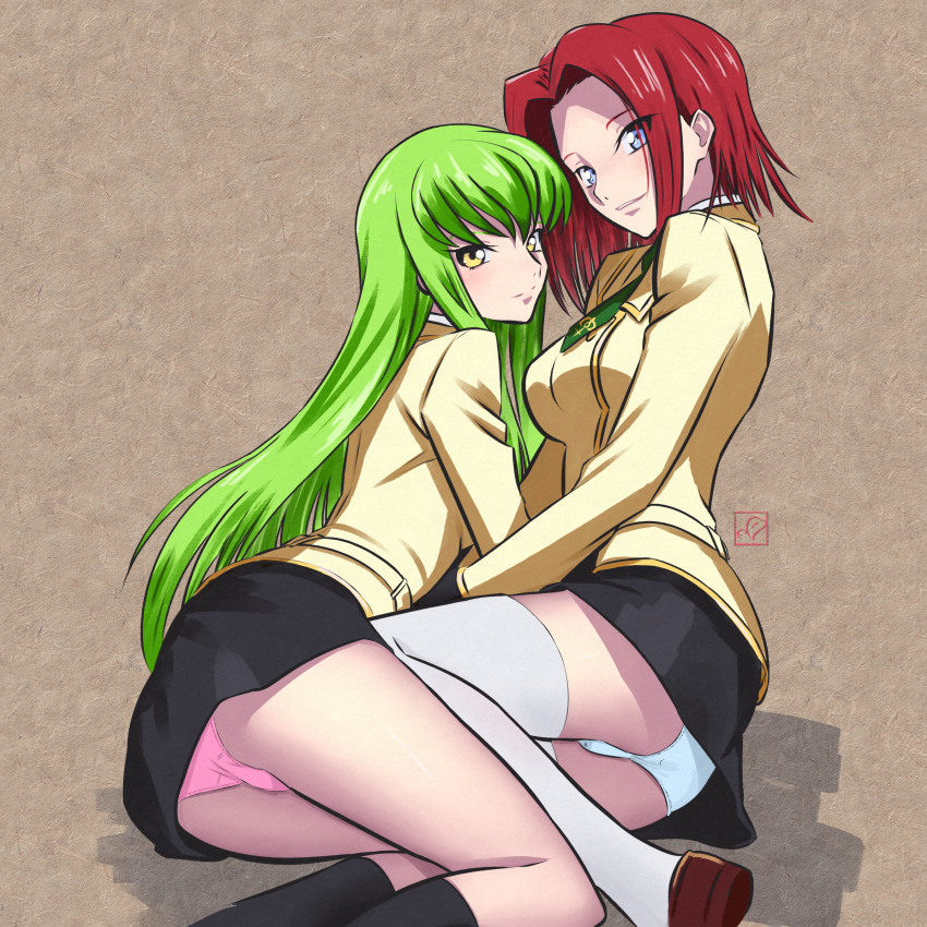 2girls absurdres blue_eyes c.c. code_geass commentary elementary_(lolipope) green_hair highres kouzuki_kallen long_hair looking_at_viewer multiple_girls panties red_hair school_uniform skirt thighhighs underwear yellow_eyes