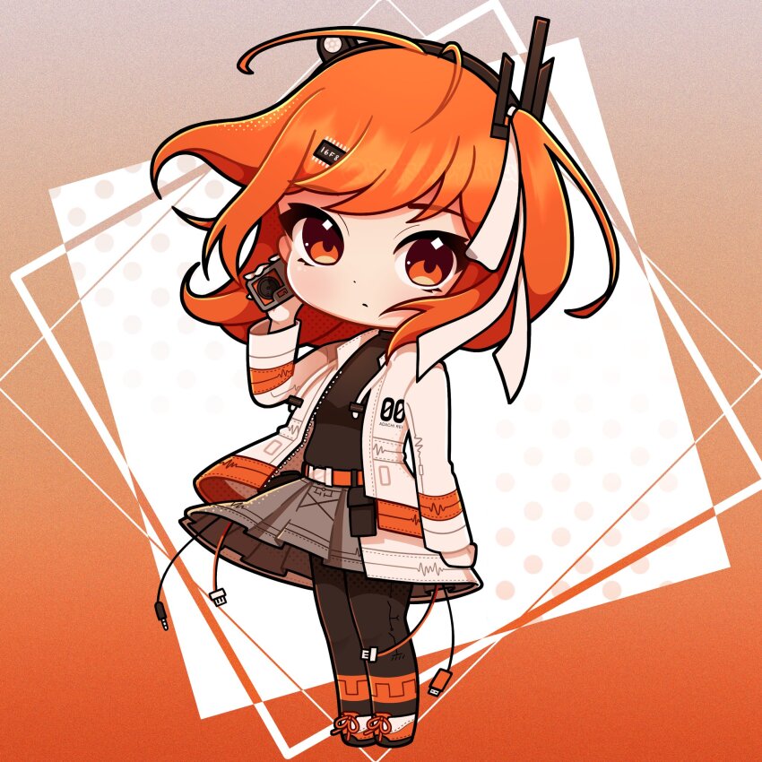 1girl a.i._voice adachi_rei arm_at_side black_pantyhose black_shirt breasts cassette_player chibi chibi_only closed_mouth gloves grey_skirt hair_ribbon headlamp highres hotsoupymiku jacket long_sleeves netsu_ijou_(utau) orange_background orange_eyes orange_hair pantyhose radio ribbon shirt shoes side_ponytail skirt small_breasts solo utau white_background white_gloves white_jacket white_ribbon white_shoes zipper