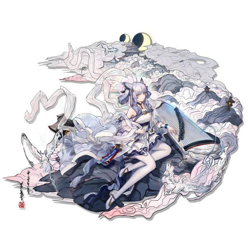 1girl arknights armpits artist_request bare_shoulders bird bracelet breasts bright_pupils check_artist coat collarbone crescent_moon dot_nose dress facial_mark feather_hair forehead_mark full_body game_cg grey_hair guzheng hagoromo hair_ornament high_heels highres infection_monitor_(arknights) jewelry long_hair looking_at_viewer medium_breasts moon multiple_moons non-web_source official_art orange_eyes owl_ears owl_girl pantyhose ptilopsis_(amongst_the_clouds)_(arknights) ptilopsis_(arknights) ryuuzaki_ichi seal_script see-through_clothes see-through_coat shawl sidelocks solo stone_lantern strapless strapless_dress tassel tassel_hair_ornament transparent_background white_footwear white_pantyhose white_pupils xiangyun