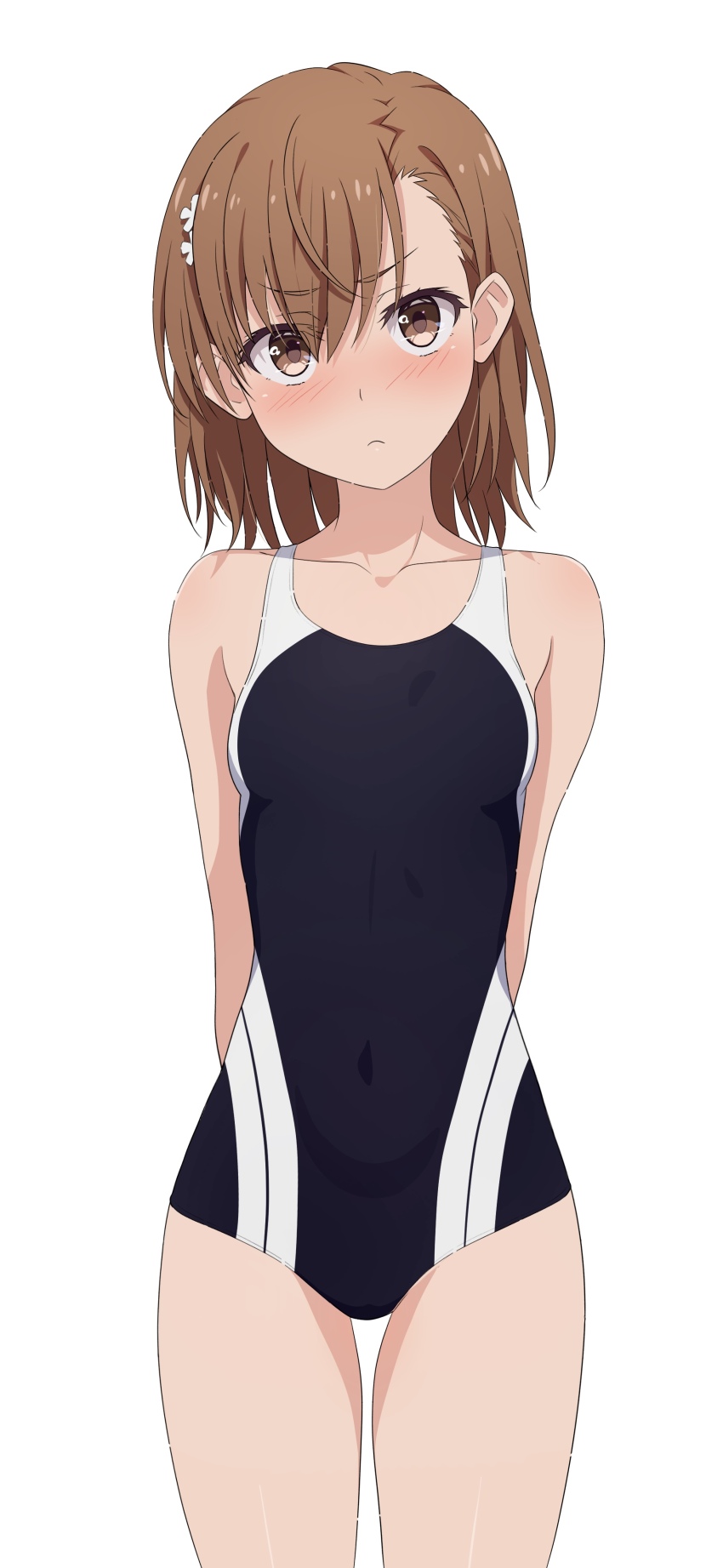 1girl 2025 20s absurdres arms_behind_back asymmetrical_bangs bare_arms bare_shoulders black_one-piece_swimsuit blush breasts brown_eyes brown_hair closed_mouth collarbone commentary_request cowboy_shot hair_between_eyes highres looking_at_viewer matching_hair/eyes medium_hair misaka_mikoto na-suke one-piece_swimsuit school_swimsuit simple_background small_breasts solo standing swimsuit thighs toaru_kagaku_no_railgun toaru_majutsu_no_index tokiwadai_school_swimsuit white_background