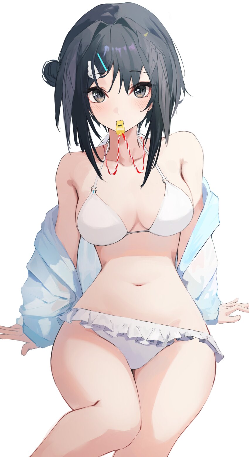 1girl absurdres arknights bikini black_eyes black_hair blue_jacket blush breasts cleavage commentary cowboy_shot hair_ornament hairclip highres jacket la_pluma_(arknights) la_pluma_(summer_flowers)_(arknights) large_breasts looking_at_viewer mouth_hold navel nekomatamago off_shoulder official_alternate_costume short_hair simple_background sitting solo swimsuit whistle white_background white_bikini