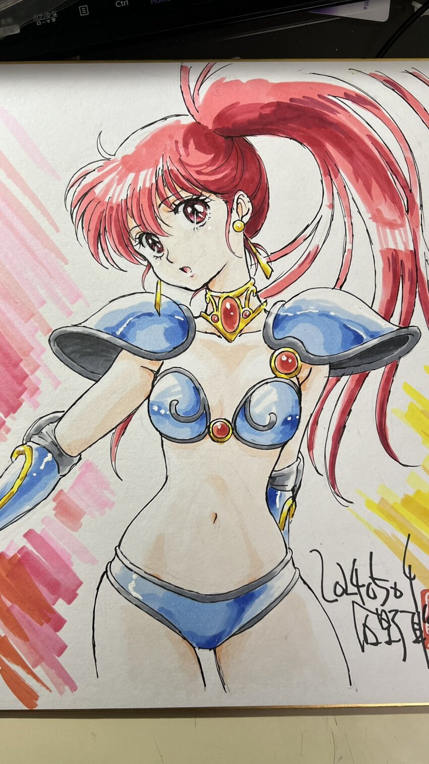 1girl arm_behind_back armor asagiri_youko bikini bikini_armor blue_bikini breasts brown_eyes brown_hair choker earrings gem genmu_senki_leda highres ishino_satoshi jewelry long_hair navel open_mouth pauldrons photoshop_(medium) shoulder_armor side_ponytail small_breasts solo stomach swimsuit thighs traditional_media vambraces